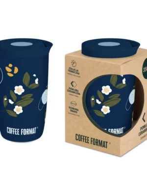 Coffee Format Niebieski kubek termiczny z motywem roślin i kwiatów 350 ml